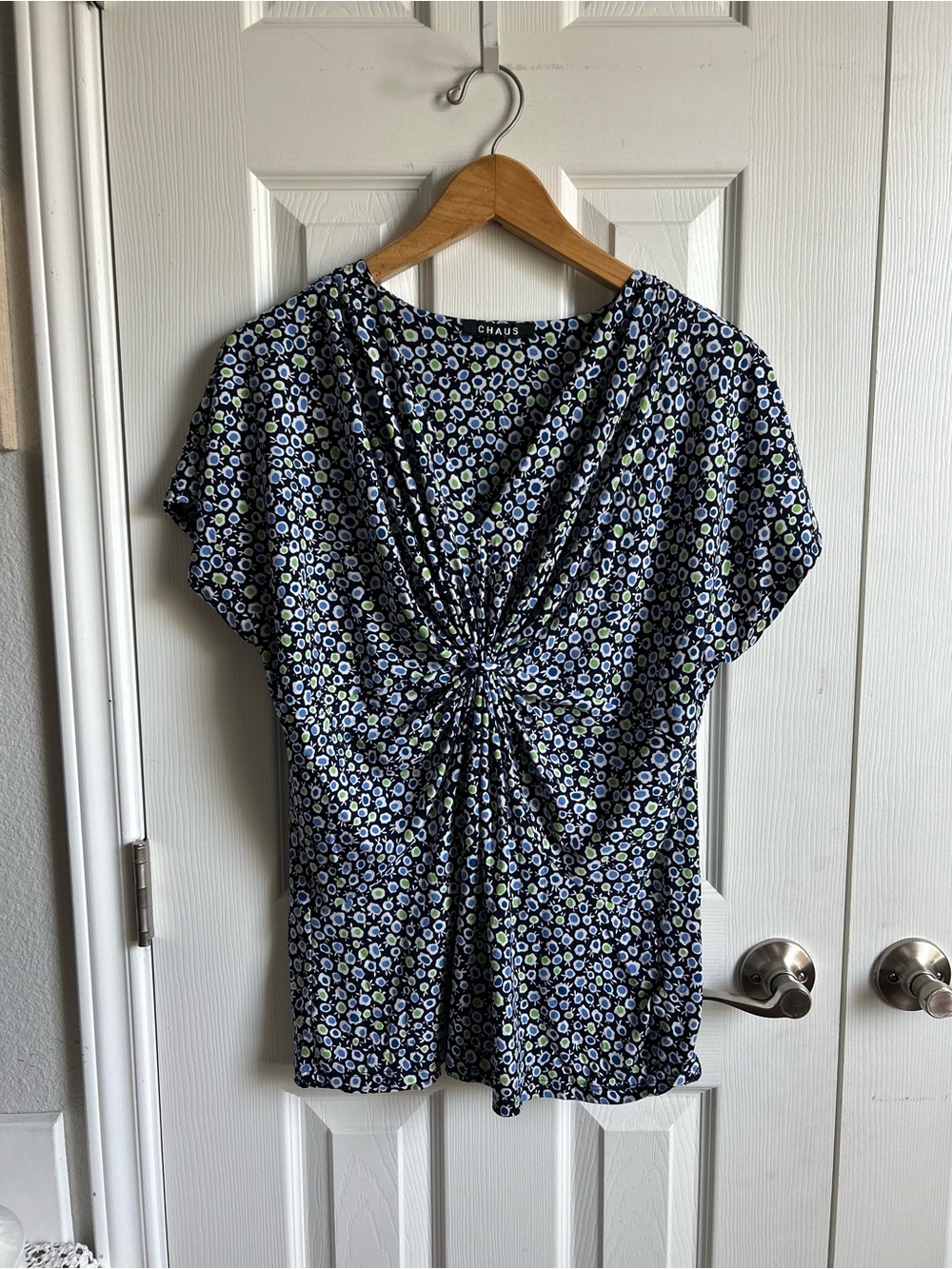 Chaus Twist-Front Navy Floral V-Neck Blouse